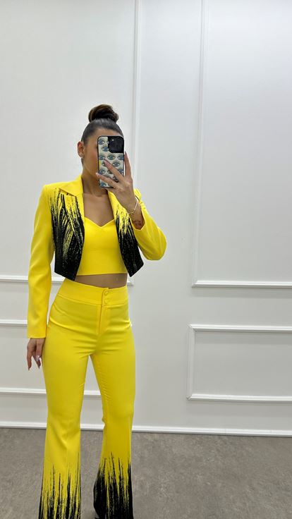 Gelbes  gemustertes Crop Top Dreiteiler Set