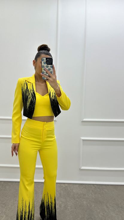 Gelbes  gemustertes Crop Top Dreiteiler Set