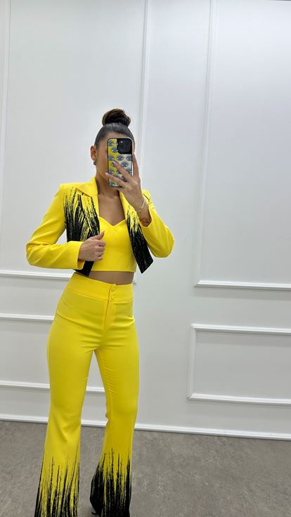 Gelbes  gemustertes Crop Top Dreiteiler Set