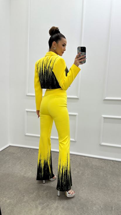 Gelbes  gemustertes Crop Top Dreiteiler Set