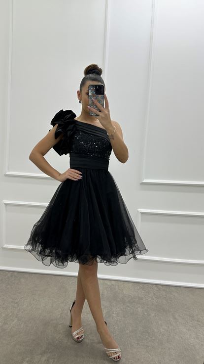 One Shoulder Flywheel Detail Design Tulle Dress