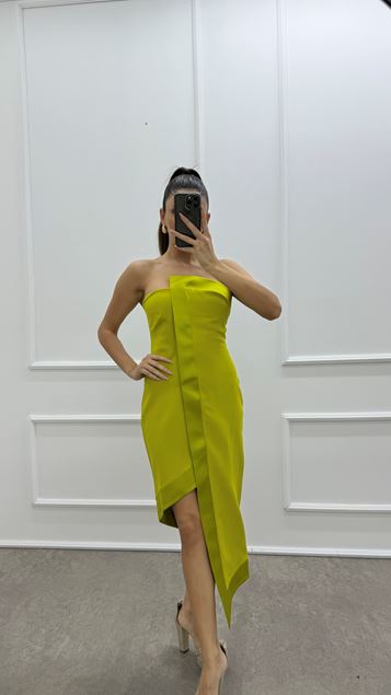 Green Strapless Asymmetrical Cut Design Dress