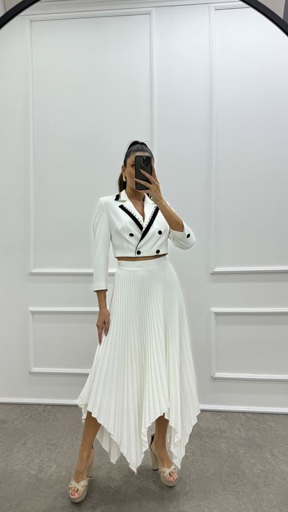 White Skirt Asymmetrical Cut Pleated Design Double Set