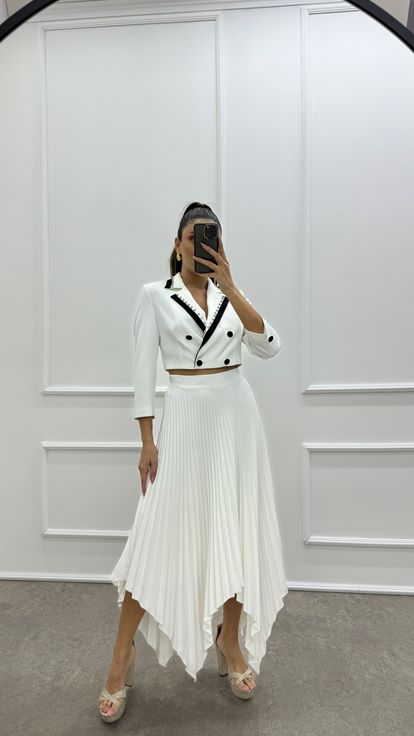 White Skirt Asymmetrical Cut Pleated Design Double Set