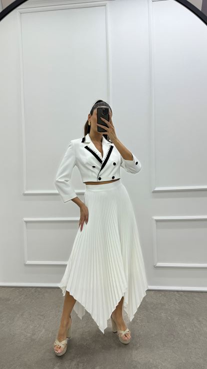 White Skirt Asymmetrical Cut Pleated Design Double Set