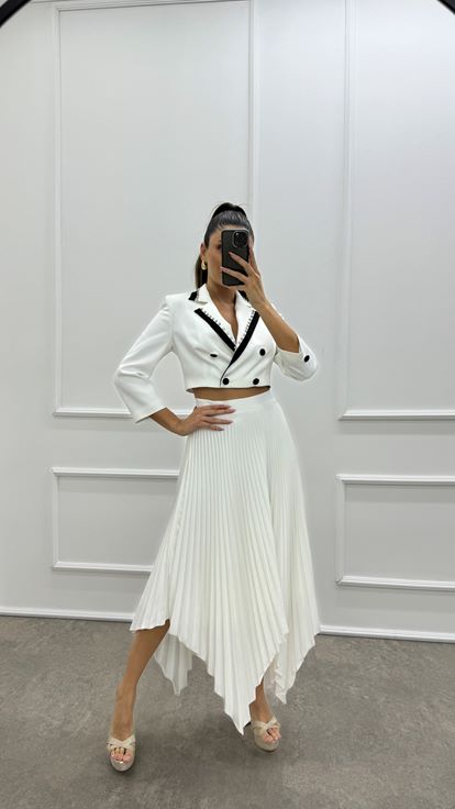 White Skirt Asymmetrical Cut Pleated Design Double Set
