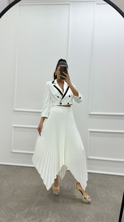 White Skirt Asymmetrical Cut Pleated Design Double Set