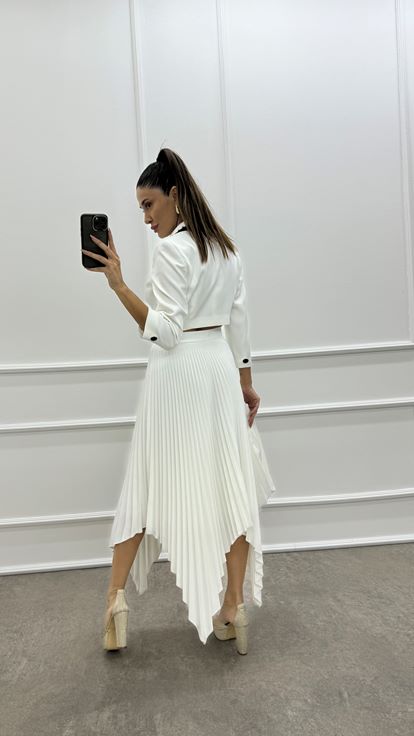 White Skirt Asymmetrical Cut Pleated Design Double Set