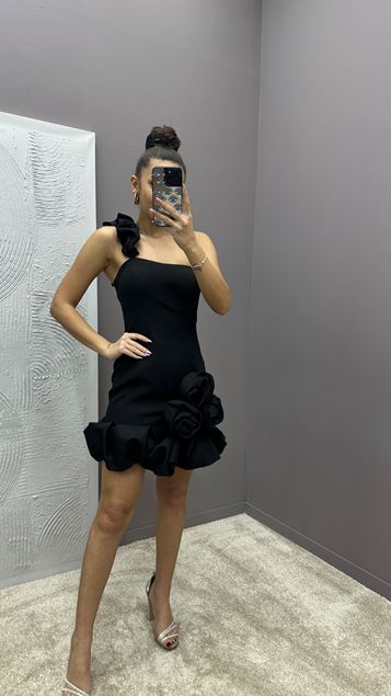 Siyah Tek Omuz Volan Detay Tasarım Elbise