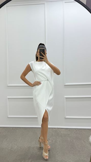 White Asymmetrical Cut Stripe Detail Design Dress