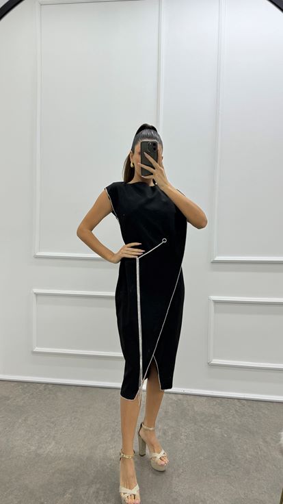 Black Asymmetrical Cut Stripe Detail Design Dress
