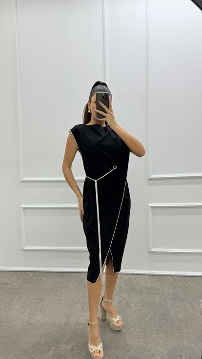 Black Asymmetrical Cut Stripe Detail Design Dress