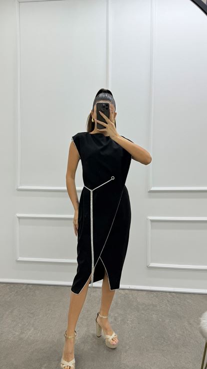 Black Asymmetrical Cut Stripe Detail Design Dress