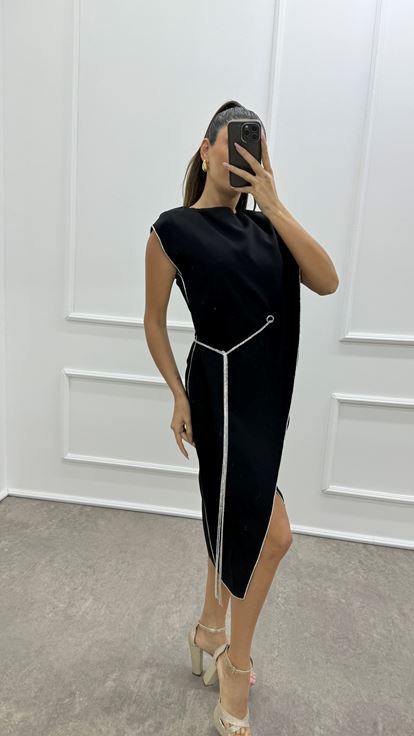 Black Asymmetrical Cut Stripe Detail Design Dress