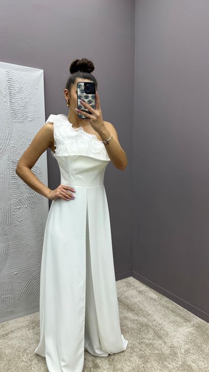White Bust Ruffled Design Jumpsuit Dress