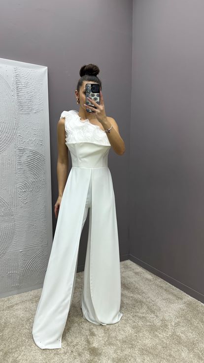 White Bust Ruffled Design Jumpsuit Dress