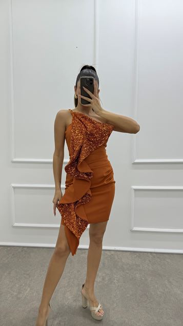 Orange One Shoulder Flounce Sequin Detail Design Dress