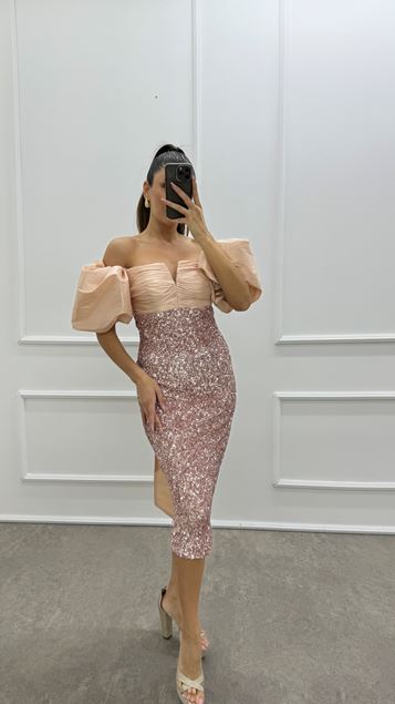 Powder Balloon Sleeve Sequin Design Dress