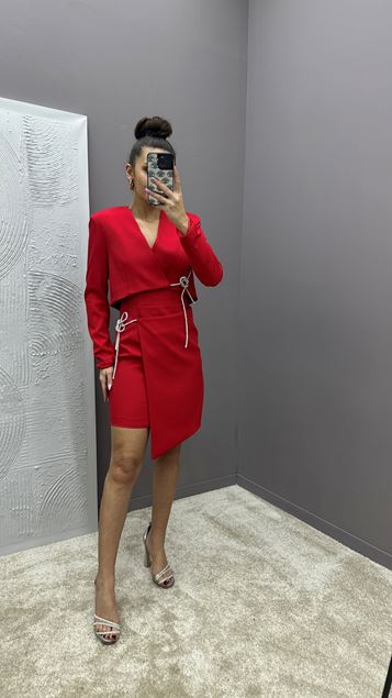 Red Skirt And Chest Rope Detail Design Double Set