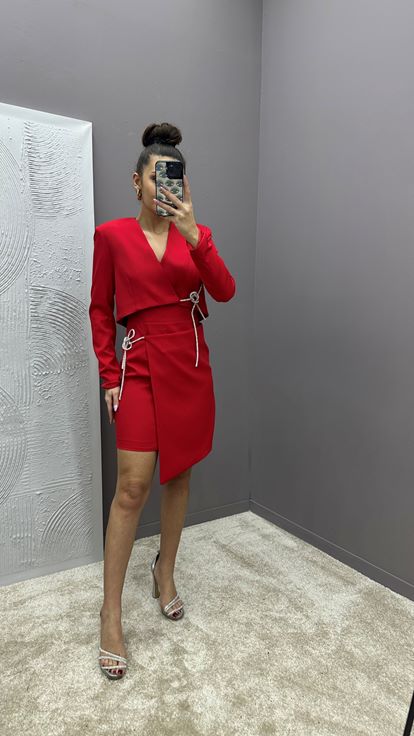 Red Skirt And Chest Rope Detail Design Double Set