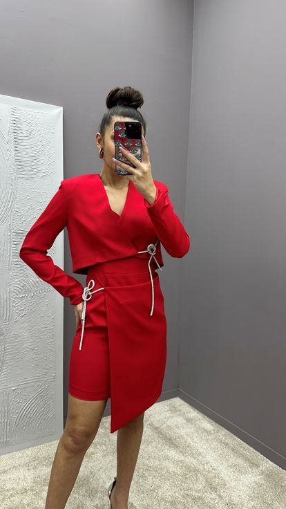 Red Skirt And Chest Rope Detail Design Double Set