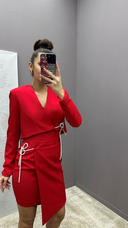 Red Skirt And Chest Rope Detail Design Double Set