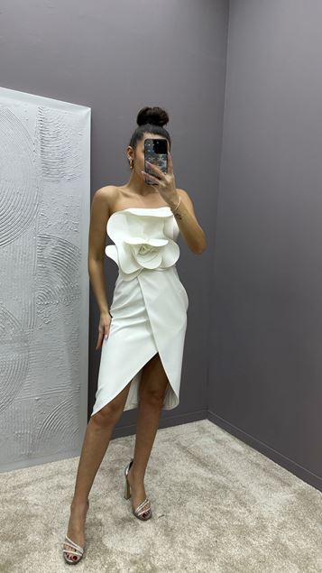 White Strapless Floral Detail Design Dress