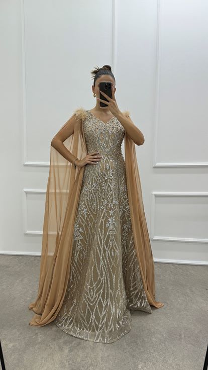 Beige Sleeves Cape Shoulders Feather Detail Embroidered Design Evening Dress