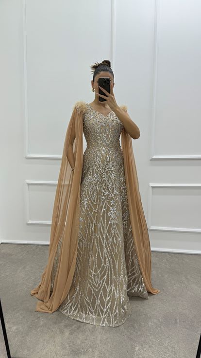 Beige Sleeves Cape Shoulders Feather Detail Embroidered Design Evening Dress