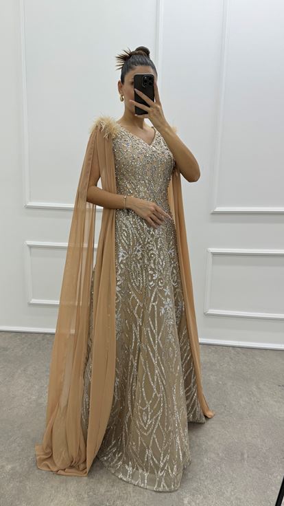 Beige Sleeves Cape Shoulders Feather Detail Embroidered Design Evening Dress