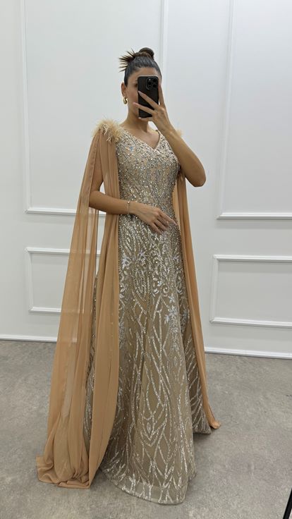 Beige Sleeves Cape Shoulders Feather Detail Embroidered Design Evening Dress