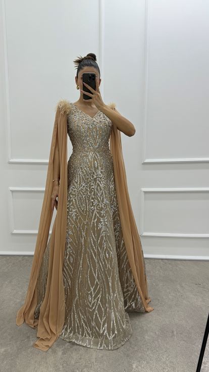 Beige Sleeves Cape Shoulders Feather Detail Embroidered Design Evening Dress