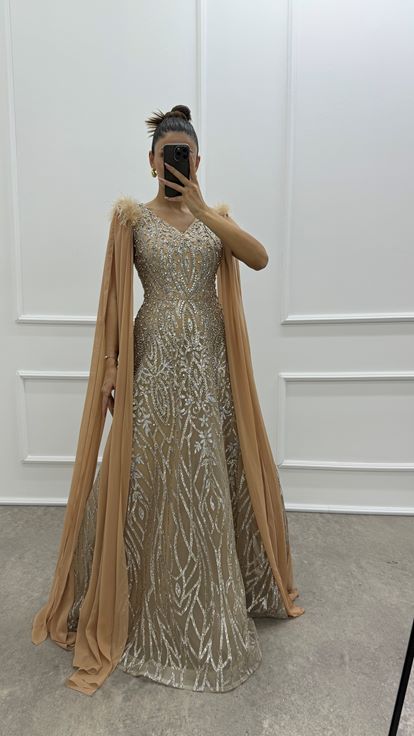Beige Sleeves Cape Shoulders Feather Detail Embroidered Design Evening Dress