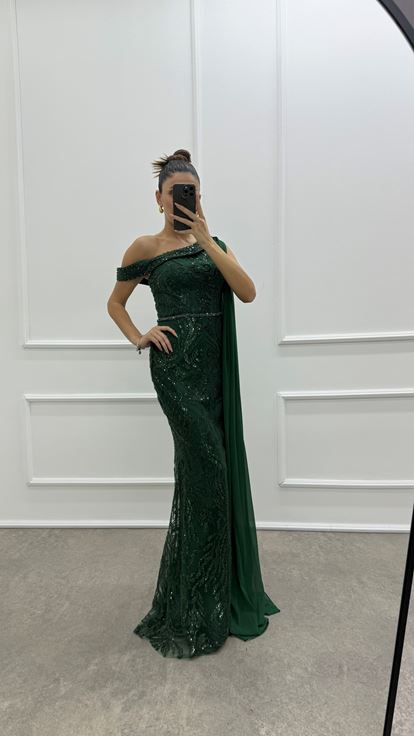 Emerald Green One Shoulder Cape Design Sequin Evening Dress