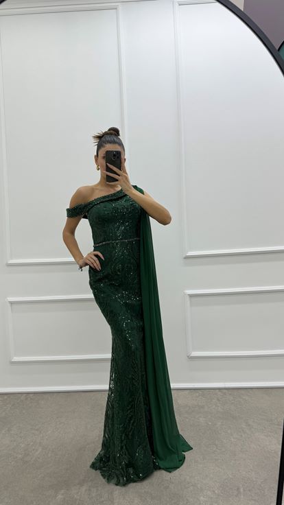 Emerald Green One Shoulder Cape Design Sequin Evening Dress