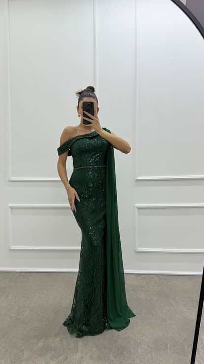 Emerald Green One Shoulder Cape Design Sequin Evening Dress