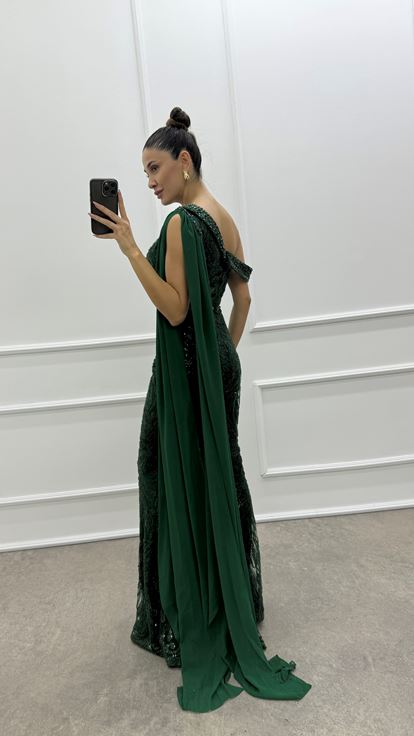 Emerald Green One Shoulder Cape Design Sequin Evening Dress