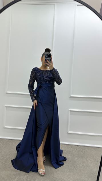 Lacivert Bel Detay İşlemeli Tasarım Saten Abiye Elbise