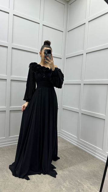 Black Strapless Chest Rose Detail Balloon Sleeve Design Evening Dress