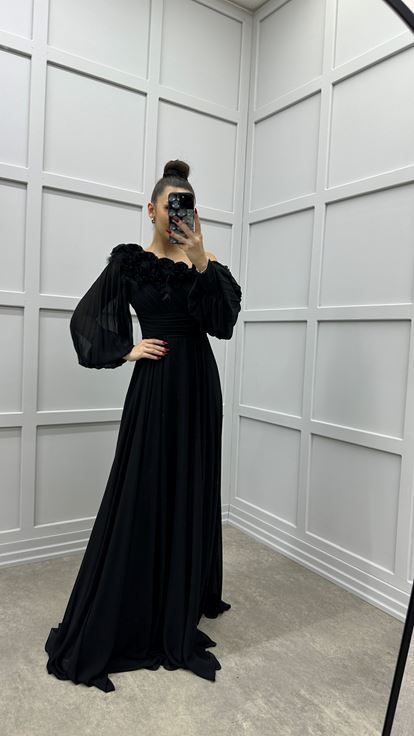 Black Chiffon Evening Dress with Rose Embellished Bust