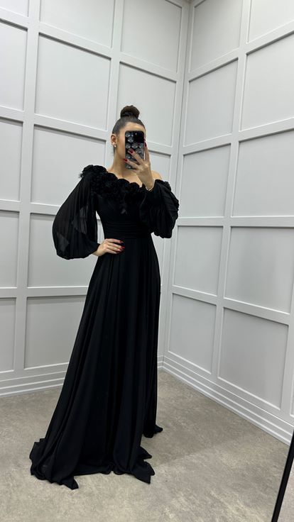 Black Chiffon Evening Dress with Rose Embellished Bust