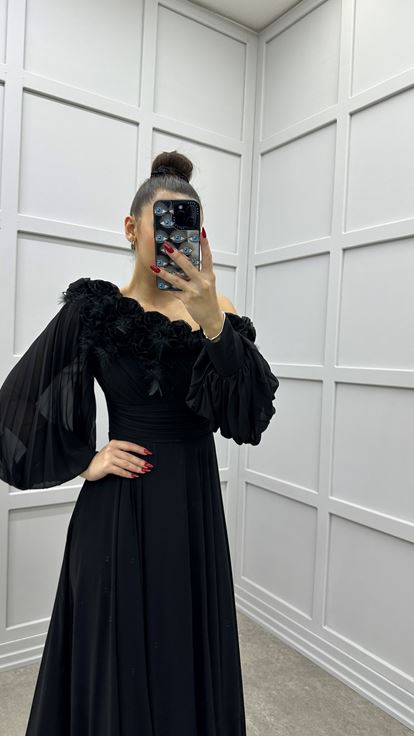 Black Chiffon Evening Dress with Rose Embellished Bust