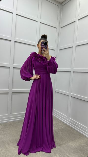 Mürdüm Straplez Göğsü Gül Detay Balon Kol Tasarım Abiye Elbise