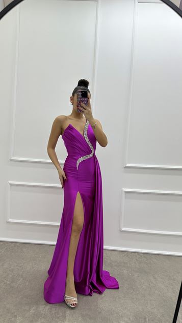 Fuchsia Une Épaule Pierre Brodée Poitrine Détail Design Satin Robe De Soirée