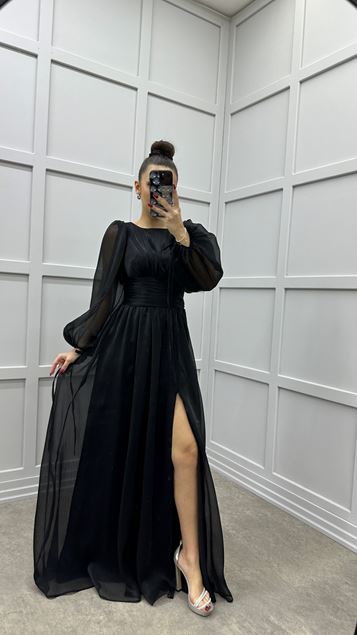 Siyah Balon Kol Pliseli Tasarım Şifon Abiye Elbise