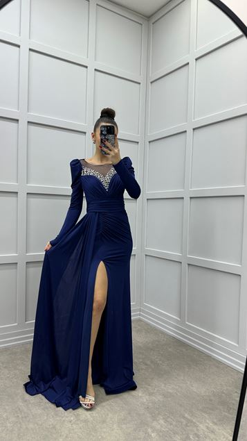 Navy Blue V-Neck Chest Stone Embroidered Design Evening Dress