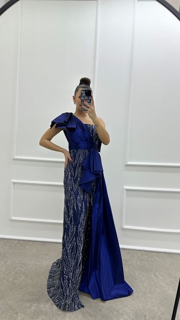 Lacivert Tek Omuz Bel Detay İşlemeli Tasarım Abiye Elbise