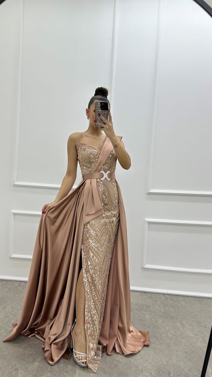 Powder Pink One Shoulder Waist Detail Embroidered Design Evening Dress