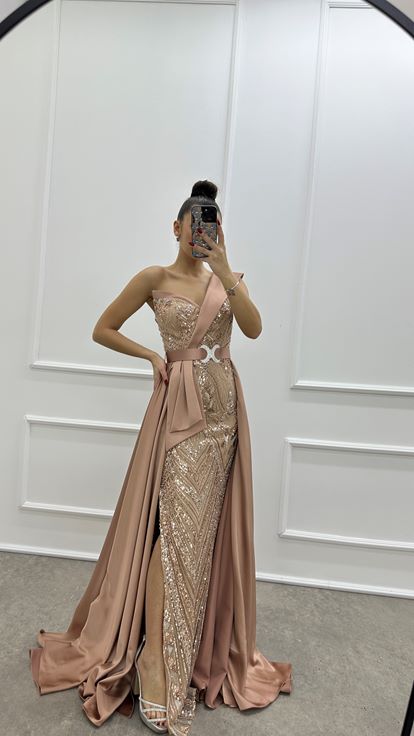 Powder Pink One Shoulder Waist Detail Embroidered Design Evening Dress