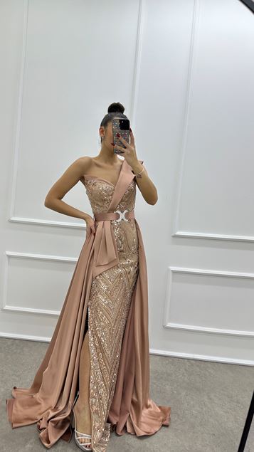 Poudre Une Épaule Taille Détail Brodé Design Robe De Soirée